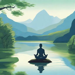 A serene and tranquil scene depicting a strong, solitary figure meditating in a peaceful natural setting