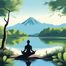 A serene and tranquil scene depicting a strong, solitary figure meditating in a peaceful natural setting