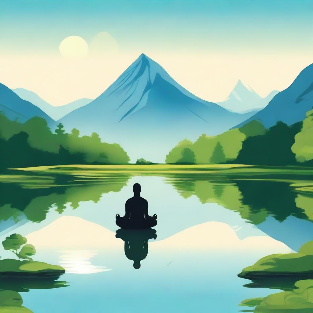 A serene and tranquil scene depicting a strong, solitary figure meditating in a peaceful natural setting