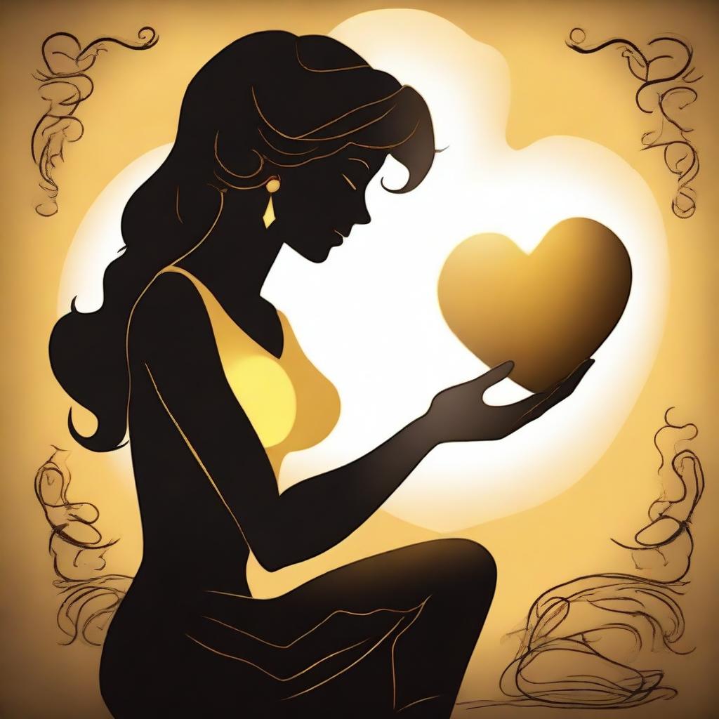 A silhouette of Megara, the wife of Hercules, glowing golden and holding a heart in her hand