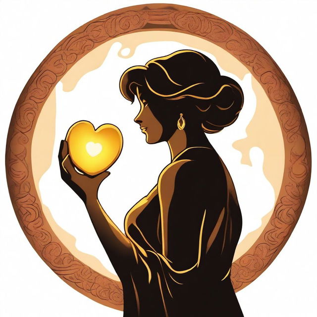 A silhouette of Megara, the wife of Hercules, glowing golden and holding a heart in her hand