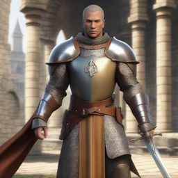 A realistic depiction of a human with tan skin dressed as a paladin