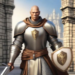 A realistic depiction of a human with tan skin dressed as a paladin