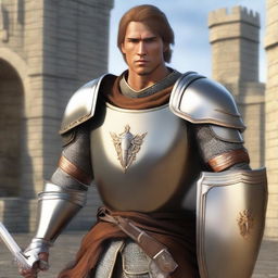 A realistic depiction of a human with tan skin dressed as a paladin