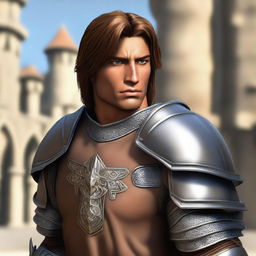 A realistic depiction of a human with tan skin dressed as a paladin