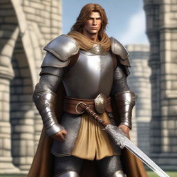 A realistic depiction of a human with tan skin dressed as a paladin