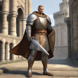 A full-body realistic depiction of a human with tan skin dressed as a paladin