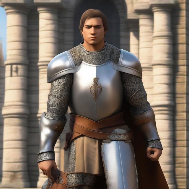 A full-body realistic depiction of a human with tan skin dressed as a paladin