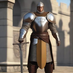 A full-body realistic depiction of a human with tan skin dressed as a paladin