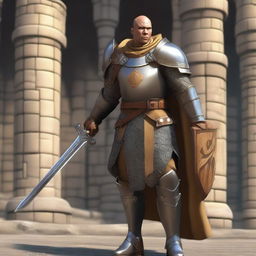 A full-body realistic depiction of a human with tan skin dressed as a paladin