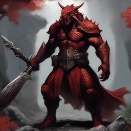 A detailed and realistic depiction of a red Dragonborn