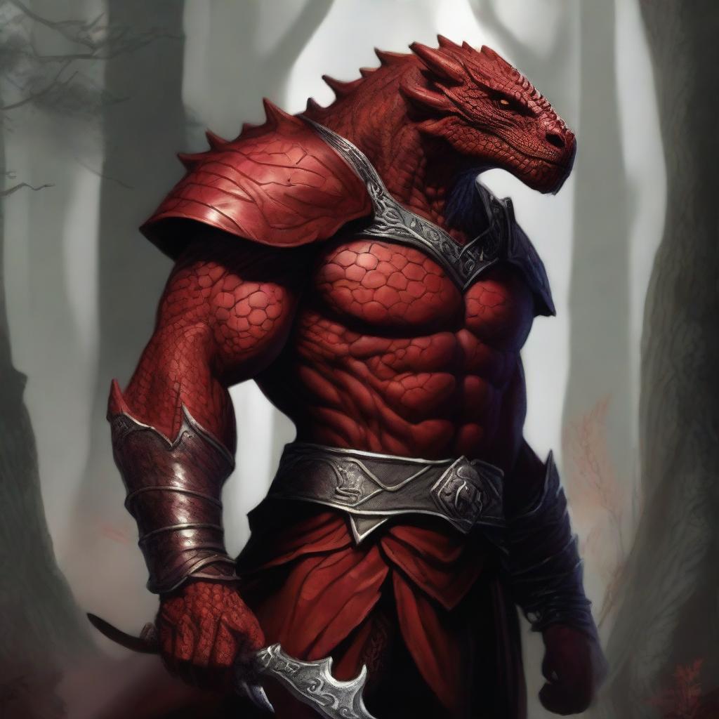 A detailed and realistic depiction of a red Dragonborn