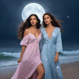 Disney-style illustration, detailed figures of Nora Fatehi and Deepika Padukone wearing cozy nighties together on a stormy beach night, with a backdrop of dramatic lightning and a half-covered moon.