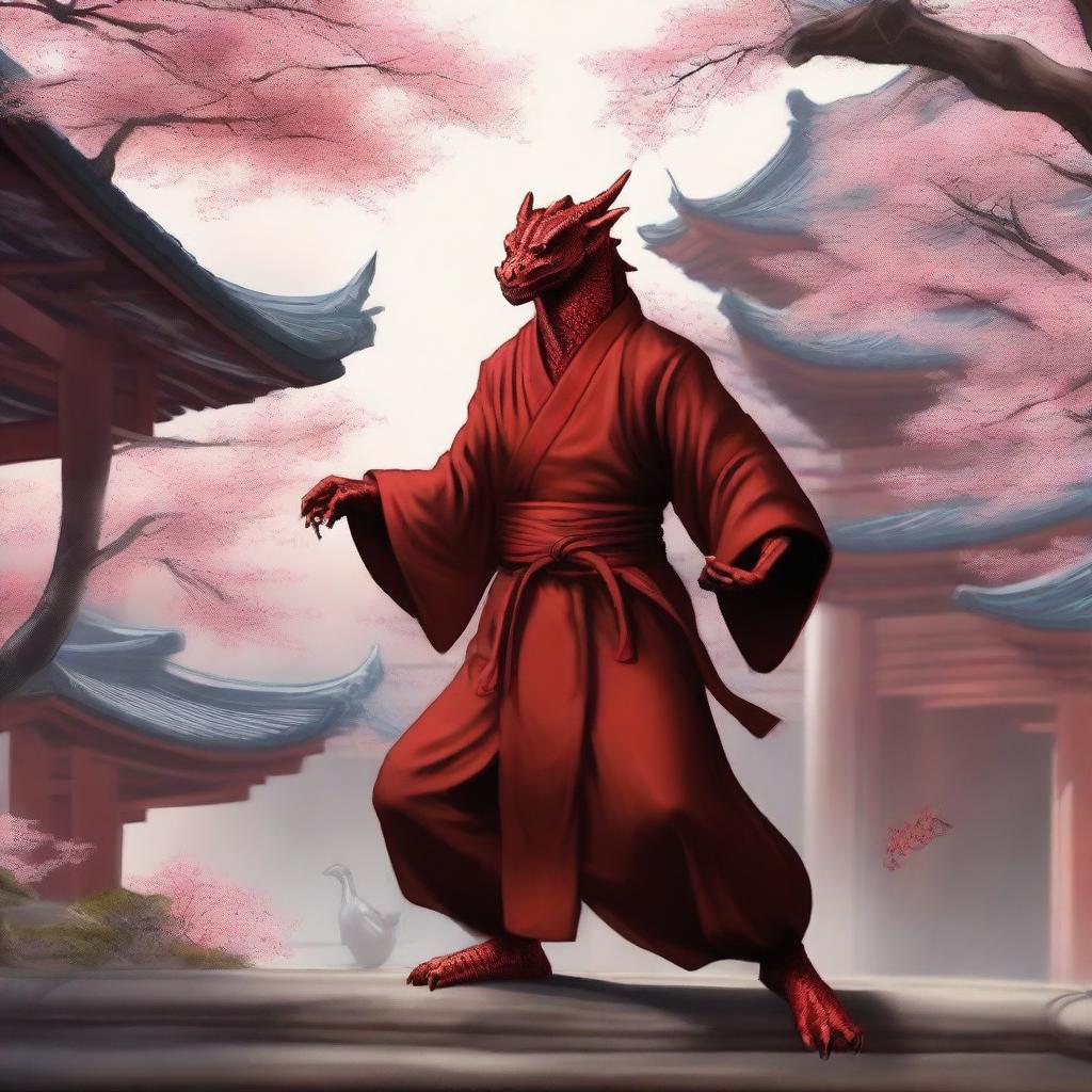 A detailed and realistic depiction of a red Dragonborn as a kung fu monk