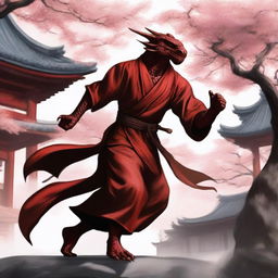 A detailed and realistic depiction of a red Dragonborn as a kung fu monk