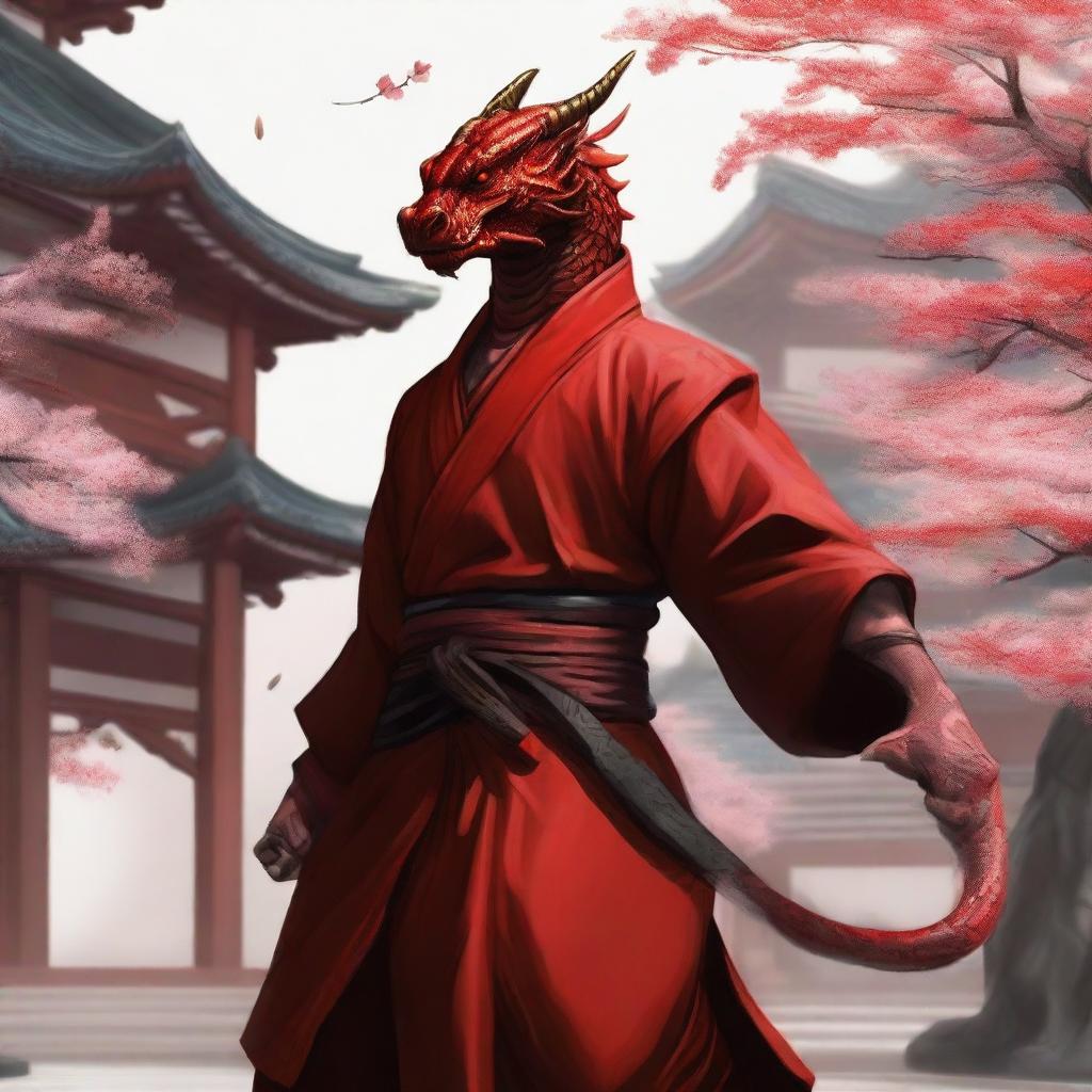 A detailed and realistic depiction of a red Dragonborn as a kung fu monk