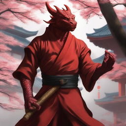 A detailed and realistic depiction of a red Dragonborn as a kung fu monk