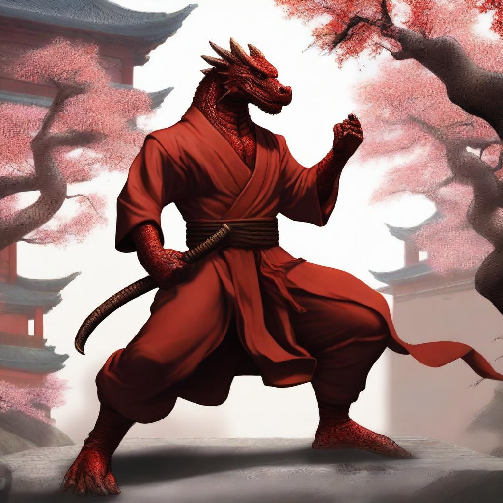 A detailed and realistic depiction of a red Dragonborn as a kung fu monk