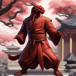 A detailed and realistic depiction of a red Dragonborn as a kung fu monk