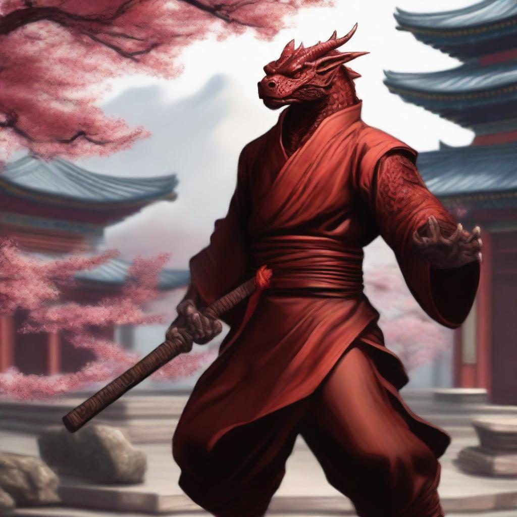 A detailed and realistic depiction of a red Dragonborn as a kung fu monk