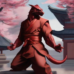 A detailed and realistic depiction of a red Dragonborn as a kung fu monk