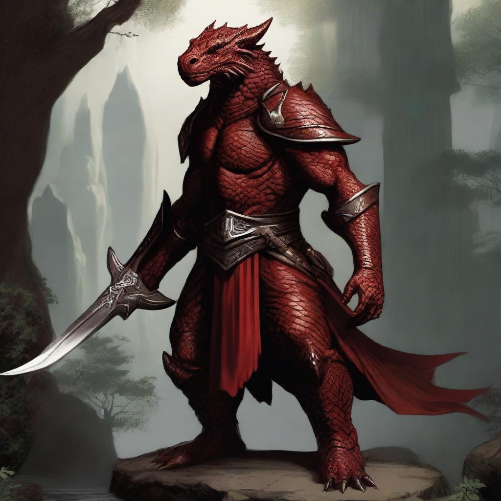 A detailed and realistic depiction of a red Dragonborn