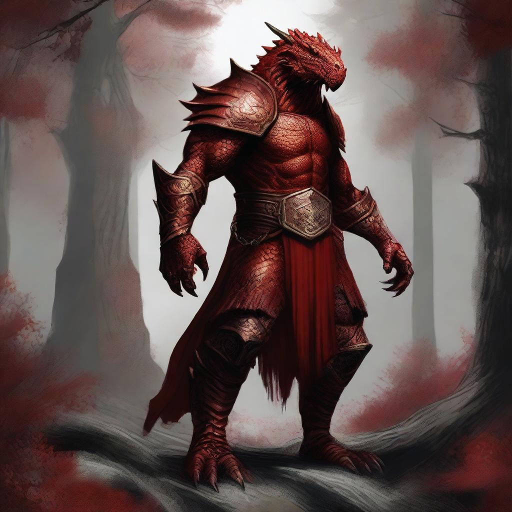 A detailed and realistic depiction of a red Dragonborn