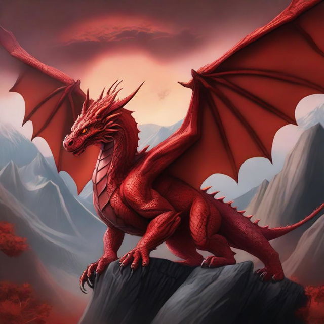 Create a detailed illustration of a majestic red dragon named Bron