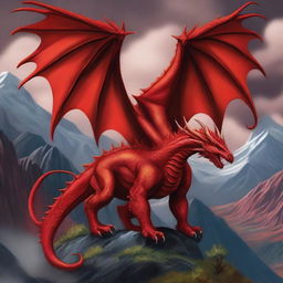 Create a detailed illustration of a majestic red dragon named Bron