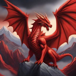 Create a detailed illustration of a majestic red dragon named Bron