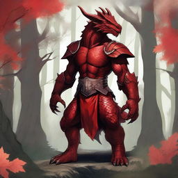 A detailed illustration of a red dragonborn, a humanoid dragon with red scales, sharp claws, and a fierce expression