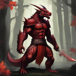 A detailed illustration of a red dragonborn, a humanoid dragon with red scales, sharp claws, and a fierce expression