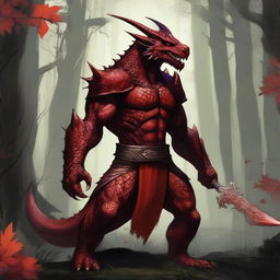 A detailed illustration of a red dragonborn, a humanoid dragon with red scales, sharp claws, and a fierce expression