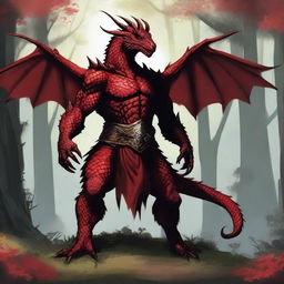 A detailed illustration of a red dragonborn, a humanoid dragon with red scales, sharp claws, and a fierce expression