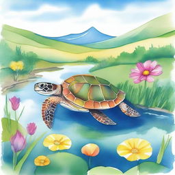 A vibrant watercolor illustration featuring a small green turtle on the right side, walking away from a hilly meadow and a serene pond