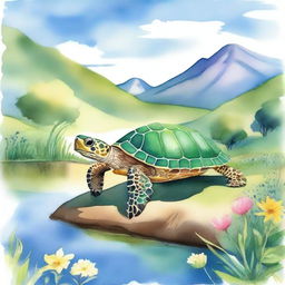 A vibrant watercolor illustration featuring a small green turtle on the right side, walking away from a hilly meadow and a serene pond