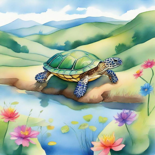 A vibrant watercolor illustration featuring a small green turtle on the right side, walking away from a hilly meadow and a serene pond