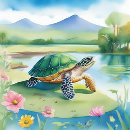 A vibrant watercolor illustration featuring a small green turtle on the right side, walking away from a hilly meadow and a serene pond