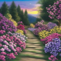 Create an image of a path surrounded by lots of flowers during nightfall