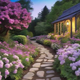 Create an image of a path surrounded by lots of flowers during nightfall