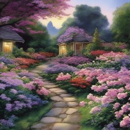 Create an image of a path surrounded by lots of flowers during nightfall