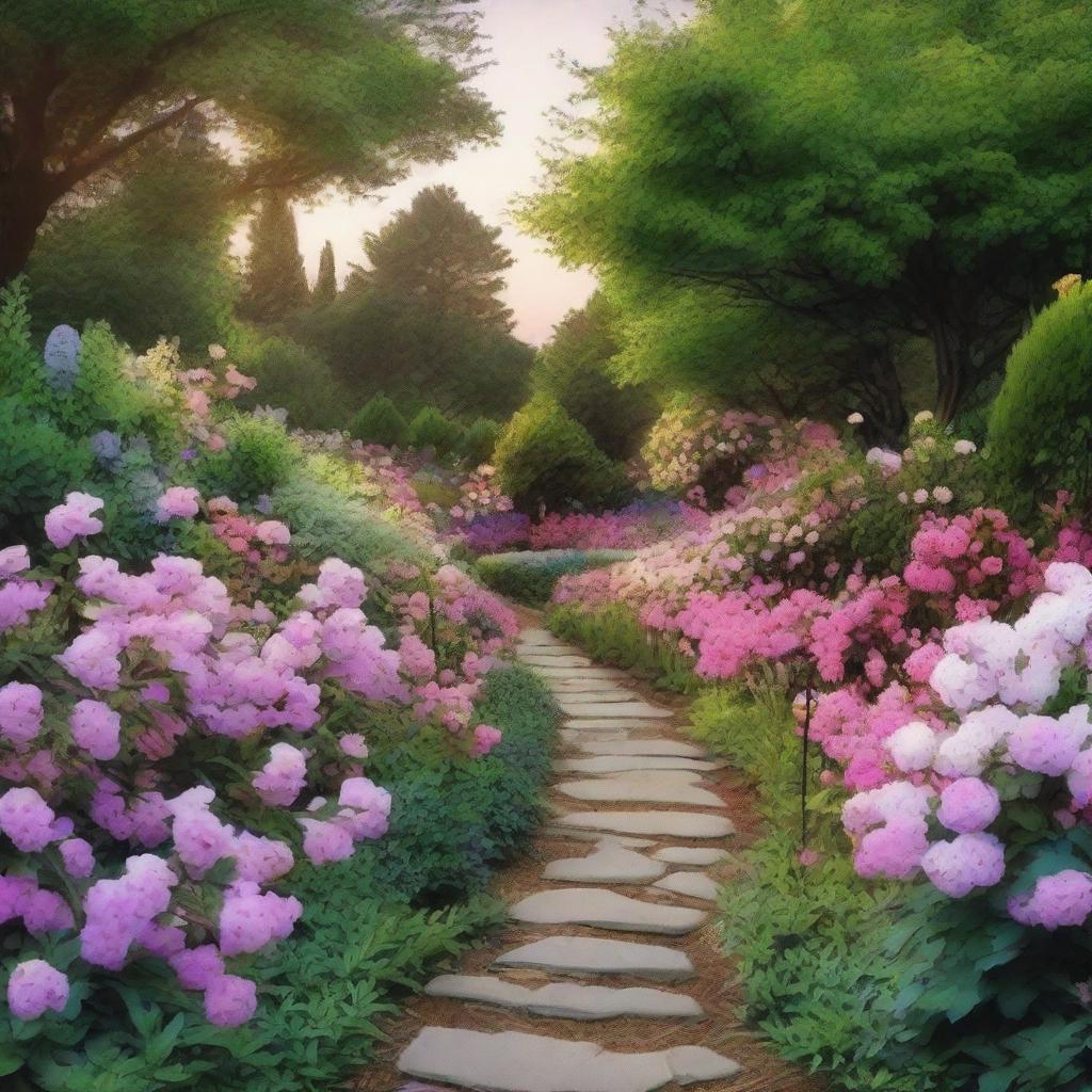 Create an image of a path surrounded by lots of flowers during nightfall