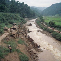 Image of intrepid villagers industriously erecting makeshift defenses by a flowing river