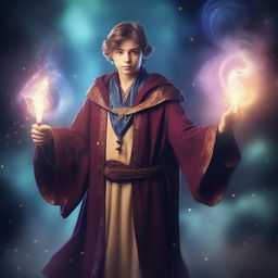 A young human wizard standing confidently, ready to cast a spell