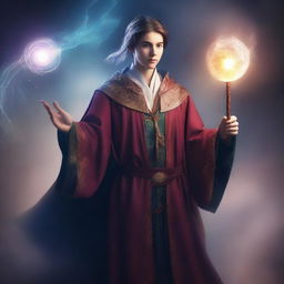 A young human wizard standing confidently, ready to cast a spell