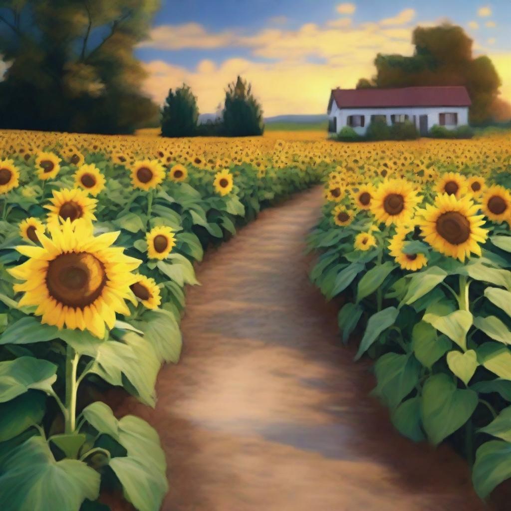 Create an image of a path surrounded by lots of sunflowers during nightfall