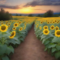 Create an image of a path surrounded by lots of sunflowers during nightfall