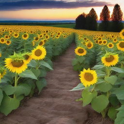 Create an image of a path surrounded by lots of sunflowers during nightfall