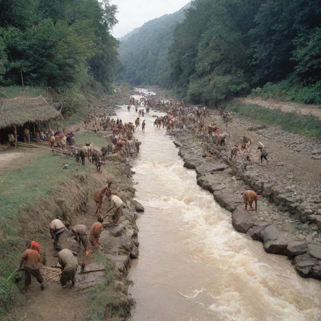 Image of intrepid villagers industriously erecting makeshift defenses by a flowing river