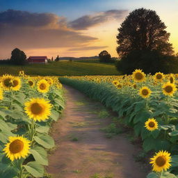 Create an image of a path surrounded by lots of sunflowers during nightfall